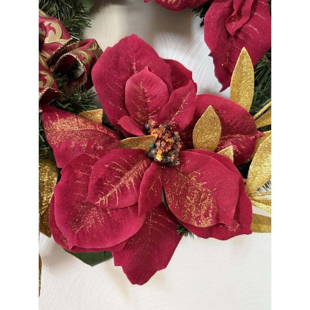 Festive Red Poinsettia & Gold Leaf Holiday Wreath